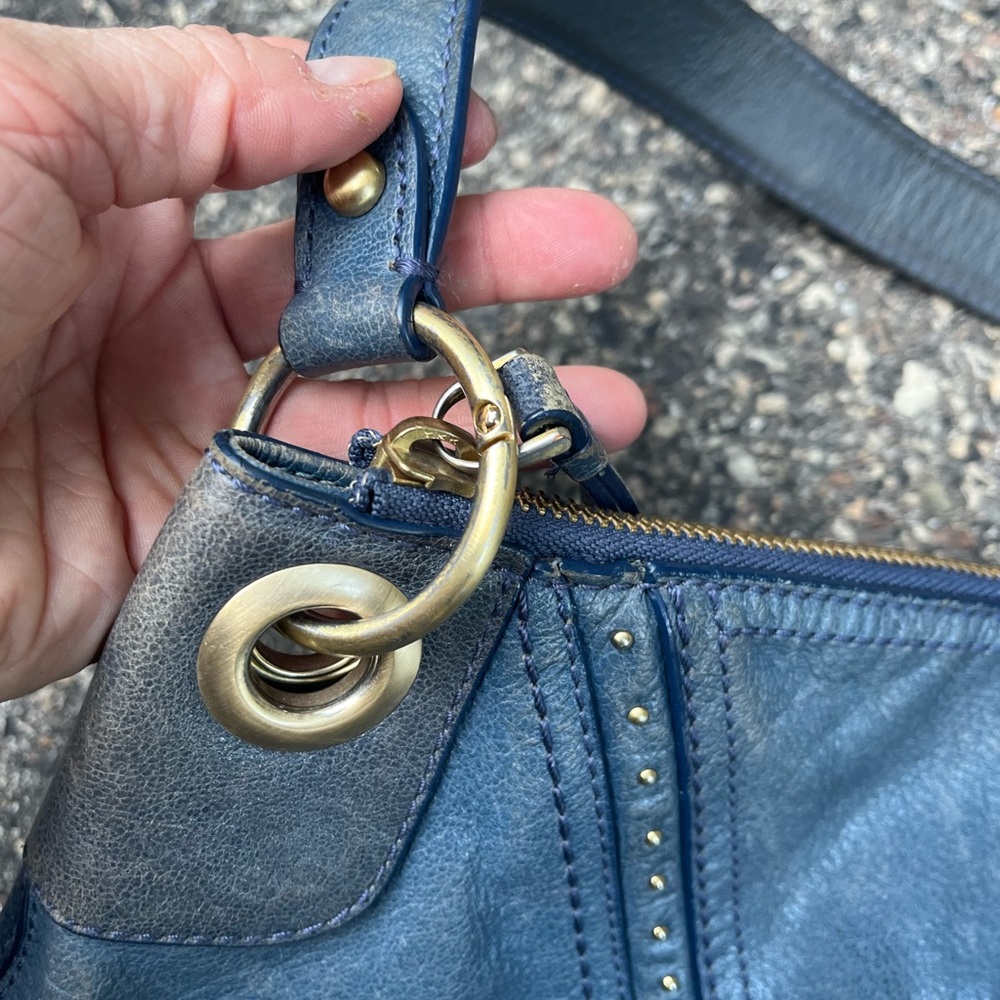 Cole Haan Blue Leather Satchel Handbag Embroidered Stitching Top GoldRing Handle - Picture 6 of 6